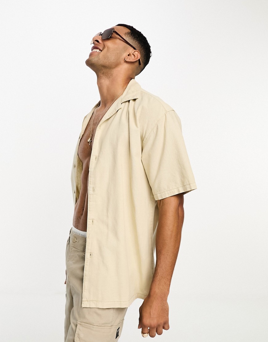 Pull & Bear Linen Camp Collar Shirt In Sand-neutral