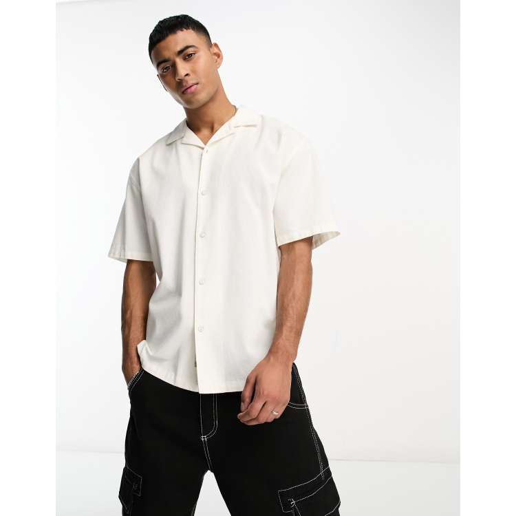 Pull&Bear linen camp collar shirt in white