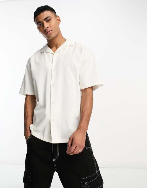 Pull&Bear linen camp collar shirt in white