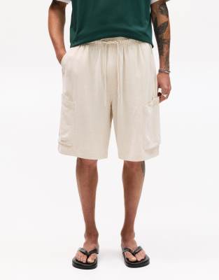 Pull & Bear Linen Cargo Bermuda Shorts In Neutral