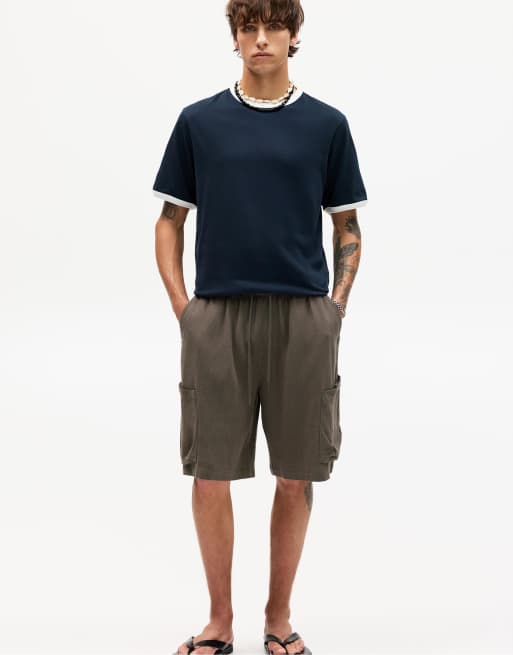 Pull&Bear linen cargo bermuda shorts in grey