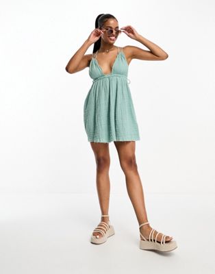 Pull&Bear linen dress with plunge neck detail in blue - ASOS Price Checker