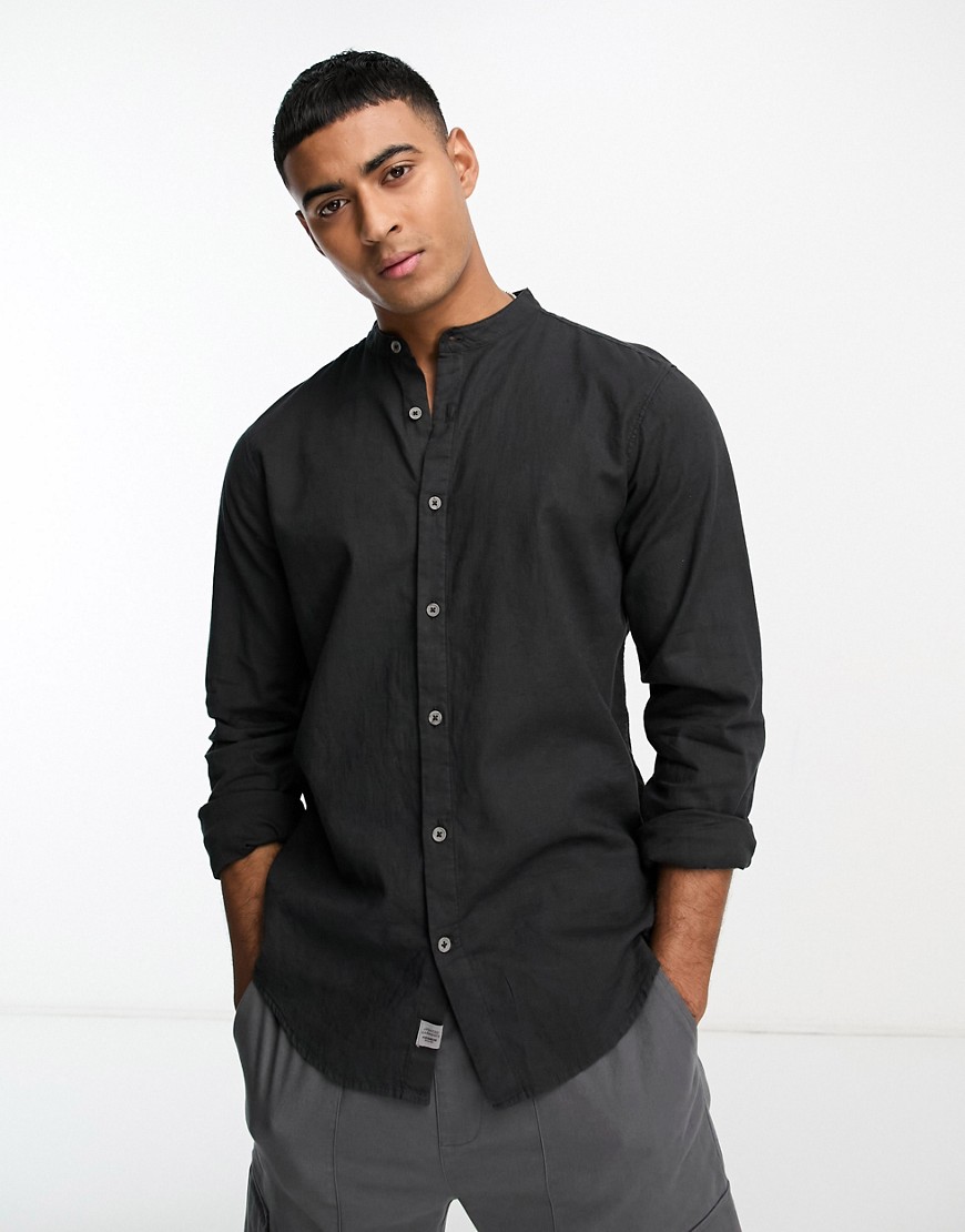 Pull & Bear linen grandad collar long sleeve shirt in black