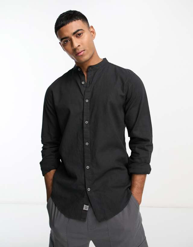 Pull&Bear linen grandad collar long sleeve shirt in black