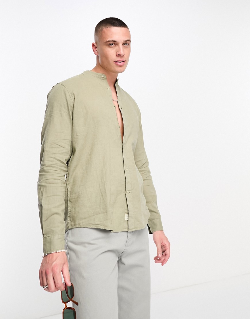 Pull & Bear linen grandad collar long sleeve shirt in khaki-Green