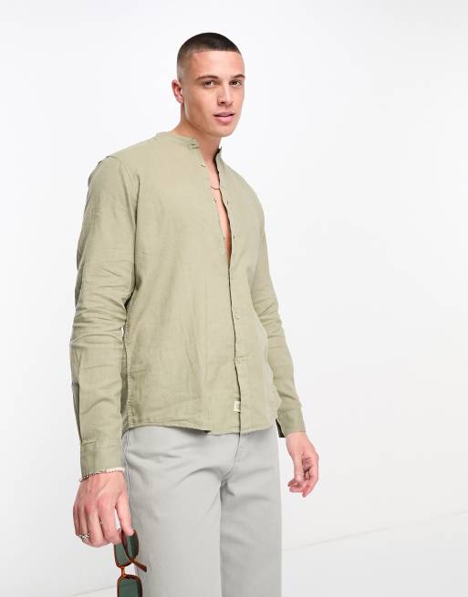 Pull&Bear linen grandad collar long sleeve shirt in khaki | ASOS