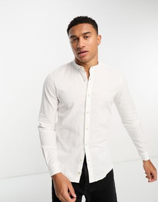 Pull&Bear linen grandad collar long sleeve shirt in white