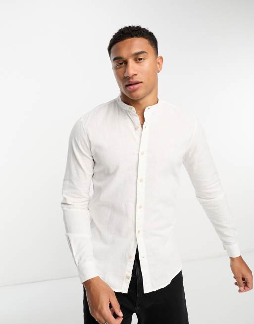 Pull&Bear linen grandad collar long sleeve shirt in white | ASOS