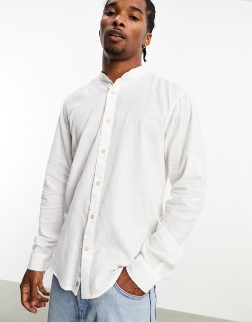 Pull&Bear linen grandad collar long sleeve shirt in white | ASOS