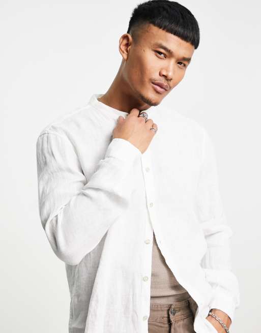 Pullu0026Bear linen grandad shirt in white | ASOS