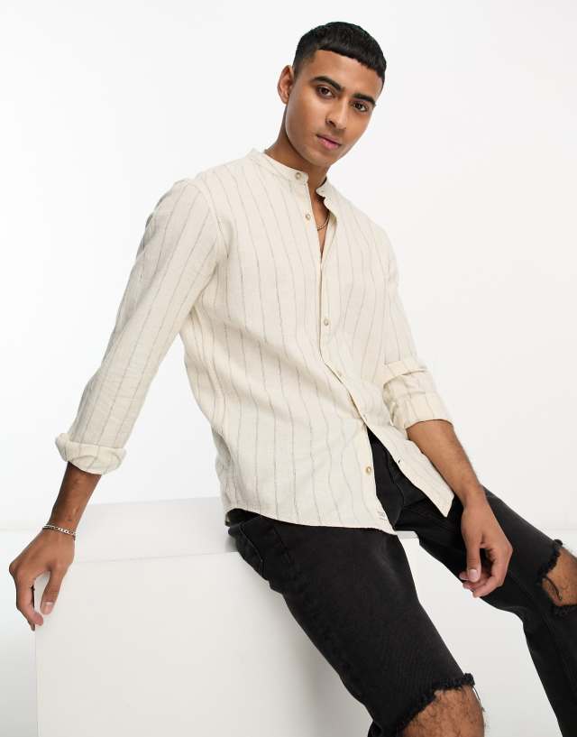 Pull&Bear linen grandad striped shirt in brown