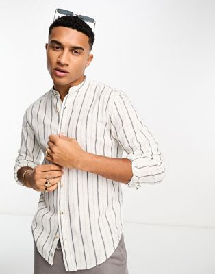 Pull&Bear linen grandad striped shirt in ecru  - ASOS Price Checker