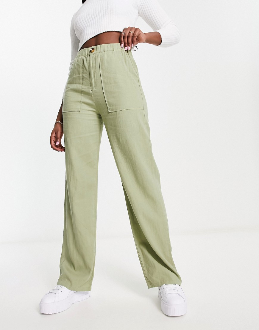 Pull & Bear Linen Lightweight Parachute Pants In Khaki-green