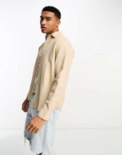 Pull&Bear linen long sleeve shirt in ecru