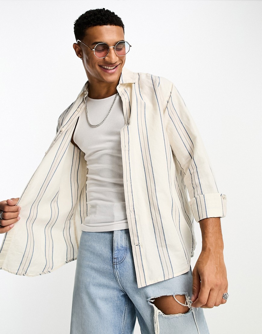 Pull & Bear linen long sleeve striped shirt in sand-Neutral