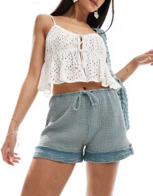 Pull & Bear Linen Look Crinkle Texture Short In Washed Blue-green