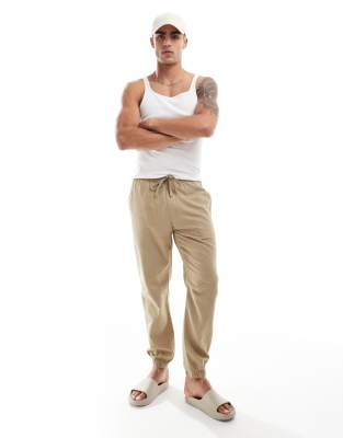 Pull & Bear Linen Look Cuffed Hem Pants In Sand-neutral