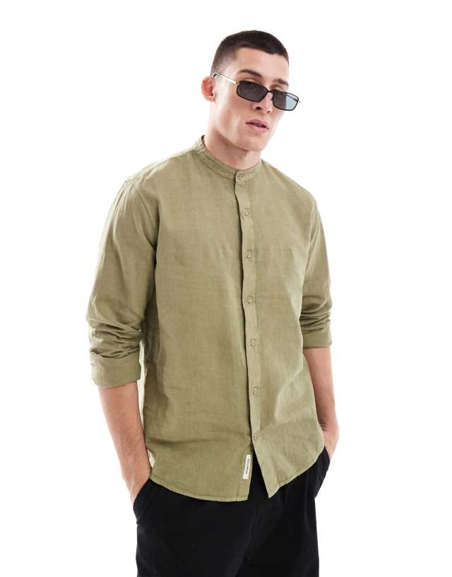 Pull&Bear - linen look grandad neck shirt in green