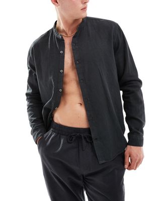 Pull&Bear linen look long sleeve grandad neck shirt in black