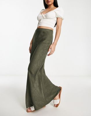 Pull&Bear crinkle texture maxi skirt in khaki