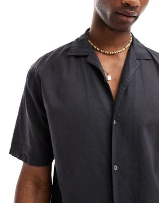 Pull&Bear linen look revere neck shirt in black