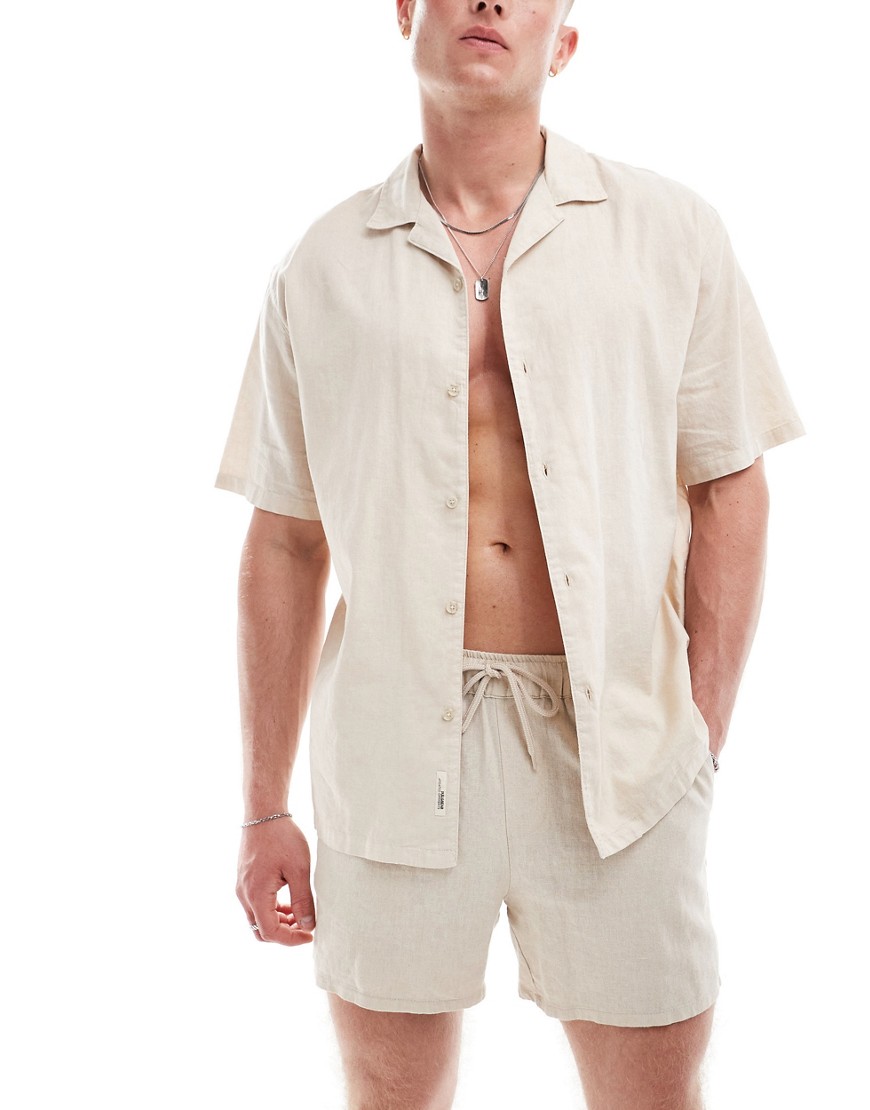 Pull & Bear linen look revere neck shirt in sand-Neutral