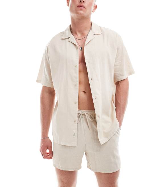 Pull&Bear linen look revere neck shirt in sand, 2 of 4