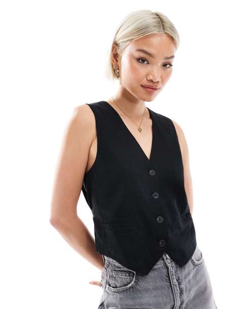 Pull&Bear linen look waistcoat in black - view 1