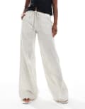 [Pull & Bear] Pull & Bear linen look wide leg pants in ecru stripe-White M Ecru
