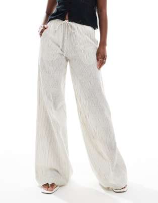 linen look wide leg pants in ecru stripes-White