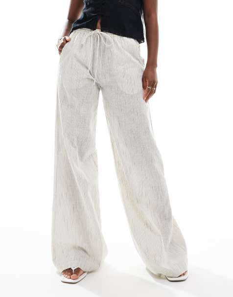 Pull&Bear linen look wide leg trouser in ecru stripe - view 1