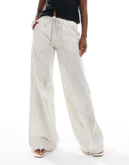 Pull&Bear linen look wide leg trouser in ecru stripe