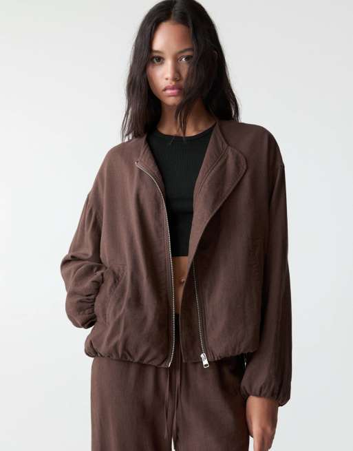 Pull&Bear linen mix bomber jacket in brown