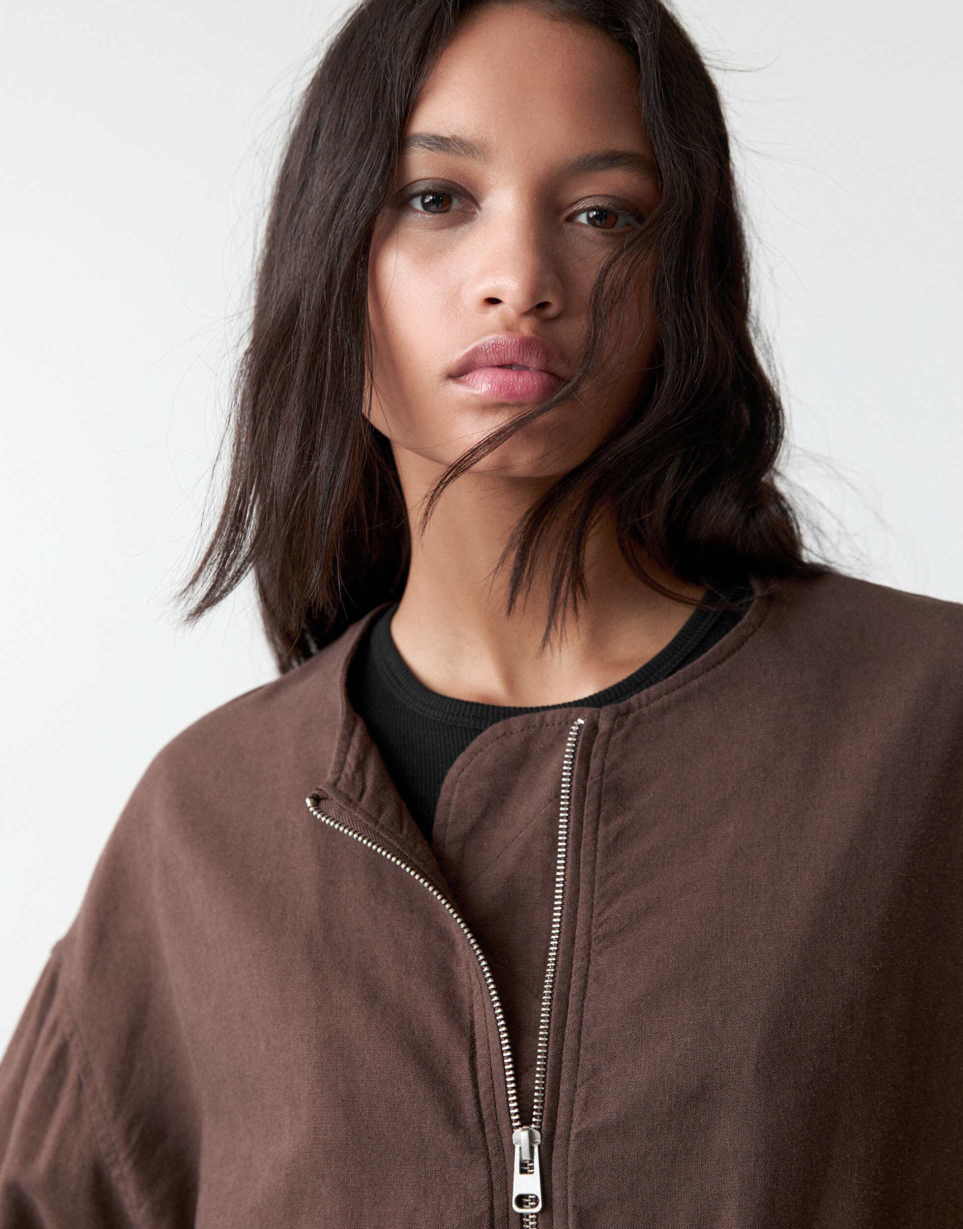 Pull & Bear Linen Mix Bomber Jacket In Brown