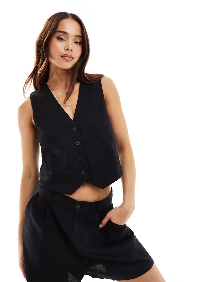 Pull & Bear Linen Mix Vest In Black - Part Of A Set