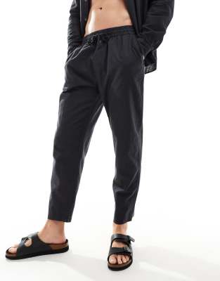 Pull & Bear Linen Mix Wide Leg Pants In Black