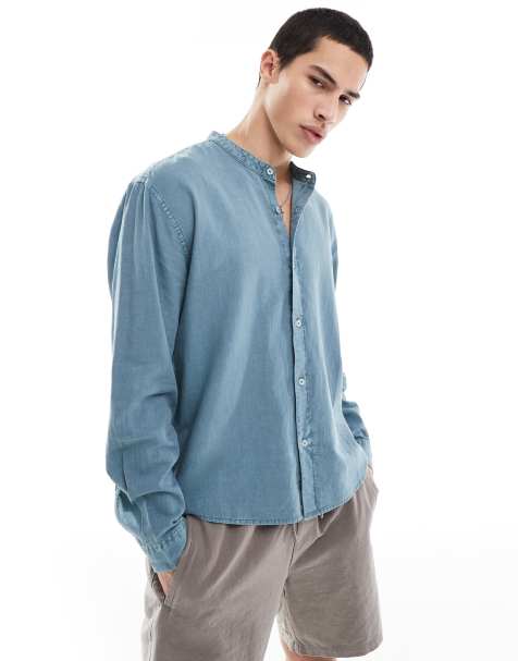 Pull&Bear linen rich long sleeve textured band collar shirt in teal - view 1