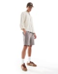 [Pull & Bear] Pull & Bear linen rich long sleeve textured grandad shirt in beige-White S WHITE