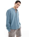 [Pull & Bear] Pull & Bear linen rich long sleeve textured grandad shirt in teal-Green XL GREEN