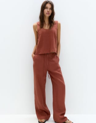 asos Pull&Bear linen round neck shirt in orange
