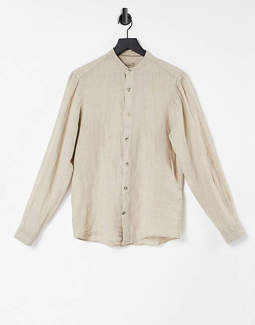 Pull&Bear linen shirt with grandad collar in tan