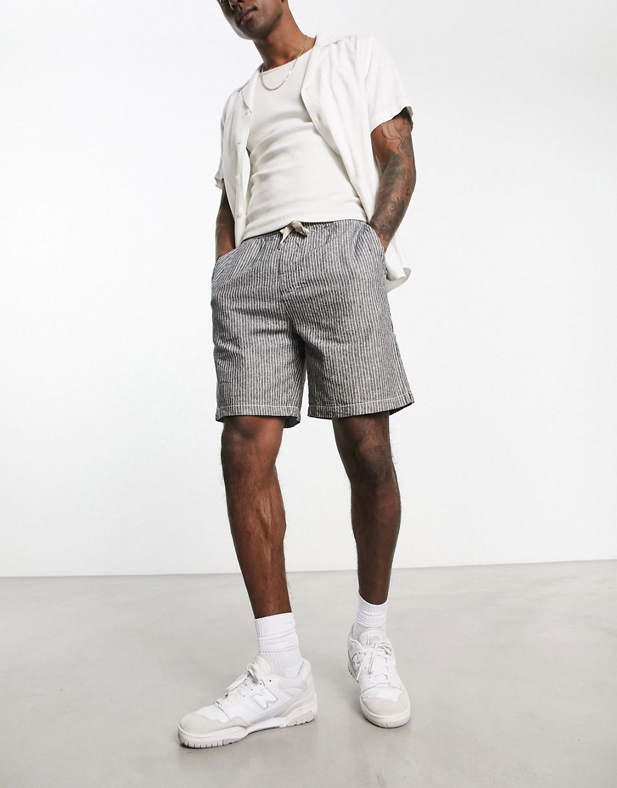 Pull & Bear Linen Shorts In Gray Micro Stripe