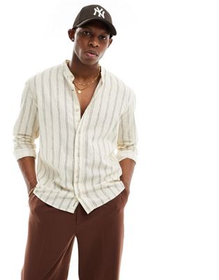 Pull&Bear linen stripe grandad neck shirt in ecru
