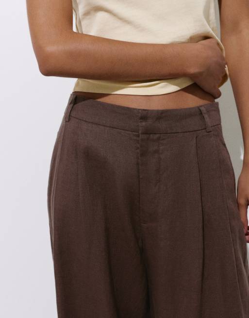 Pull&Bear Linen trousers with pleats in taupe, 2 of 4