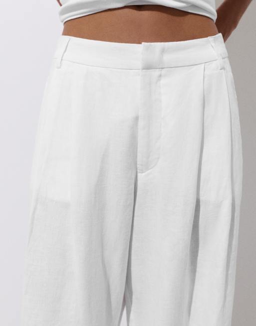 Pull&Bear Linen trousers with pleats in white, 2 of 4