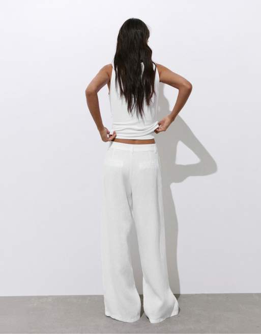 Pull&Bear Linen trousers with pleats in white, 3 of 4