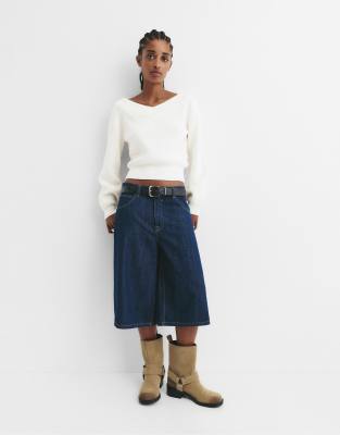 Pull & Bear - Links gestrickter Cropped-Pullover in Beige-Neutral