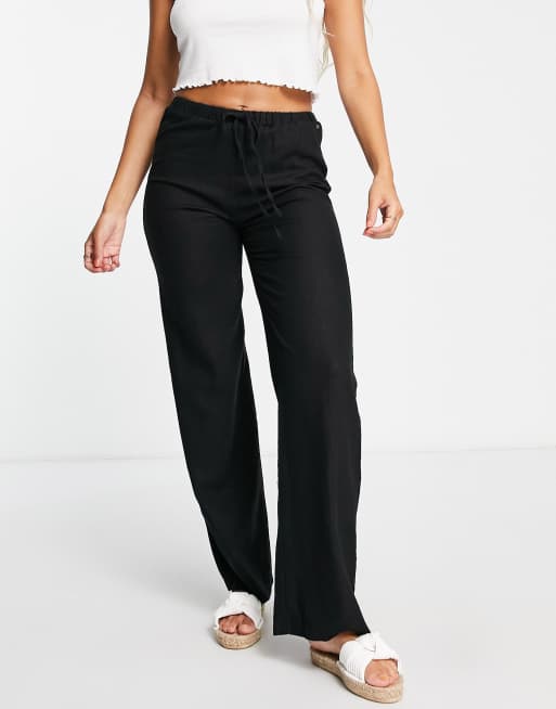Pull&Bear - Linnen broek met rechte pijpen in zwart, 4 van 4