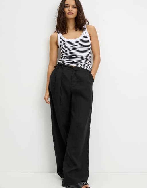 Pull&Bear - Linnen broek met wijde pijpen en gestrikte taille in zwart