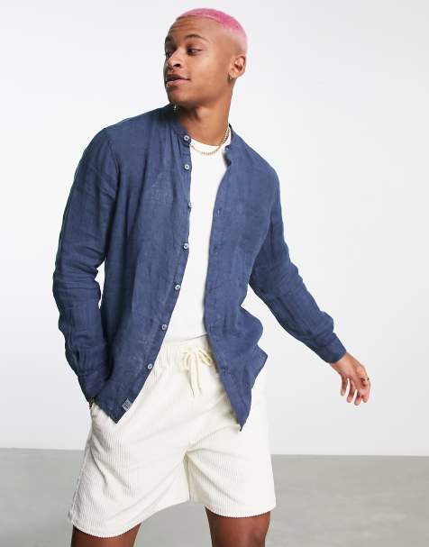 Pull&Bear - Linnen overhemd zonder kraag met lange mouwen in marineblauw - view 1